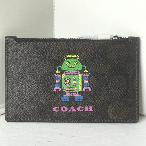 Coach Cosmic Coach Zip Card Case Robot Space CW223 Brown Leather Wallet - Picture 1 of 6